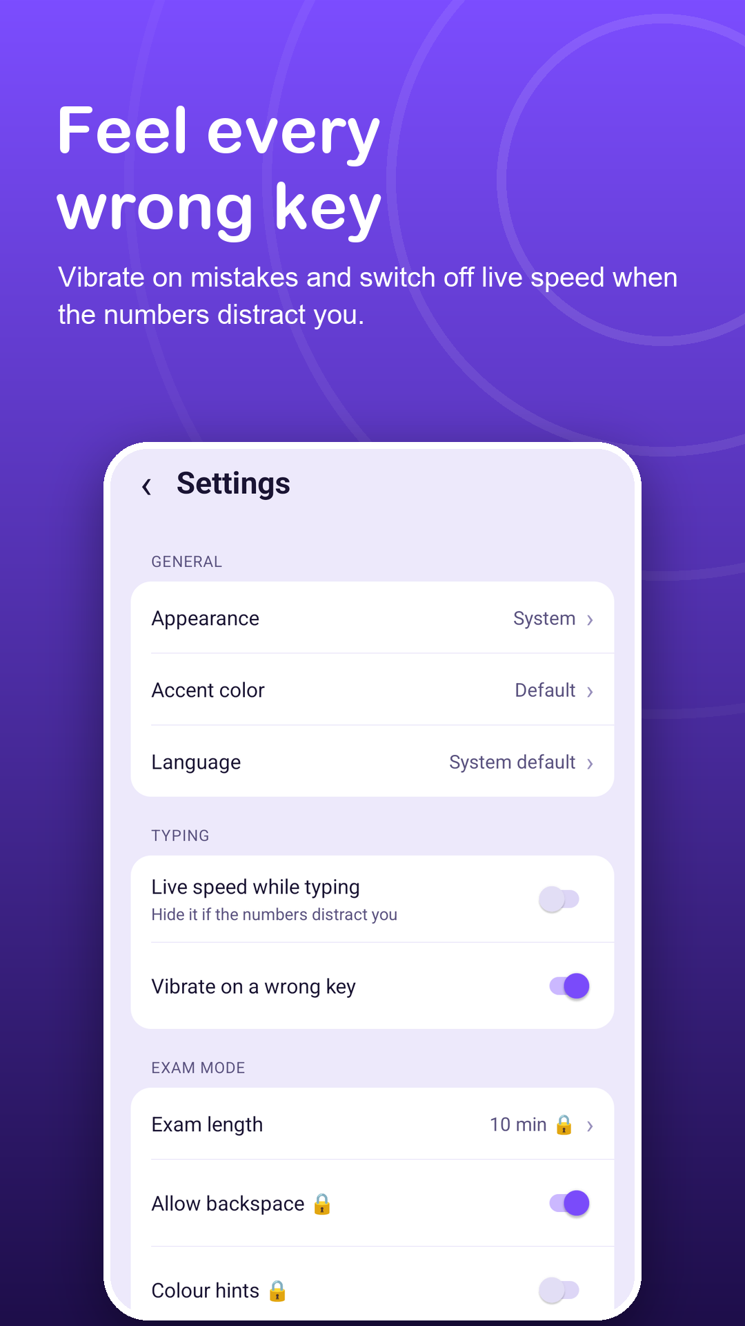 Settings with vibrate on a wrong key and live speed off