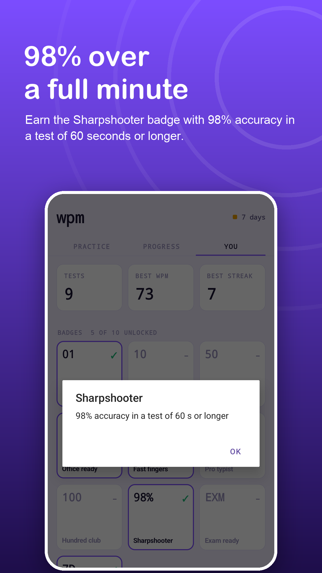 Sharpshooter badge: 98% accuracy over 60 seconds